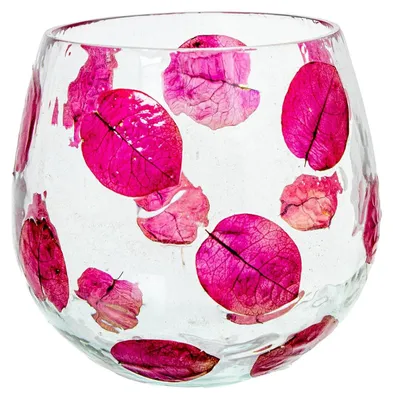 Immagine prodotto di Portacandele in vetro con decorazioni a foglie, disponibile in trasparente e rosa, dimensioni 10 x 10 x 10 cm