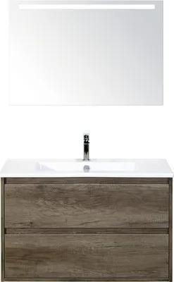 Produktbild von Sanox Badmöbel-Set Porto BxHxT 91 x 170 x 51 cm Frontfarbe nebraska oak mit Waschtisch Keramik weiß, Waschtischunterschr