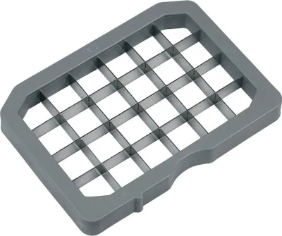 A close-up, studio shot of a gray plastic and silver metal food dicer grid.