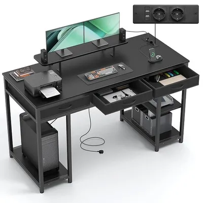 Imagen del producto de Escritorio con 3 cajones, 140 x 60 cm. Escritorio con estantería, mesa con 2 enchufes y 2 puertos de carga USB, escritorio de oficina para teletrabajo, salón, color