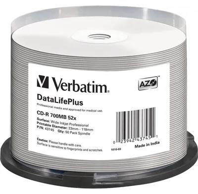 Produktbild von Verbatim CD-R 52x DataLifePlus, 52x, CD-R, 120 mm, 700 MB, Spindel, 50 Stück(e)