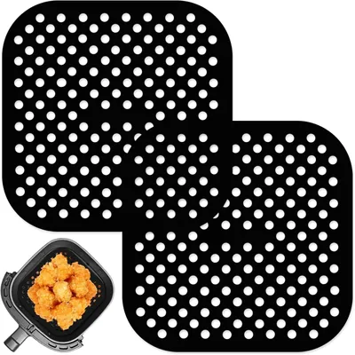Produktbild von 2 Silikonmatten für die Heißluftfritteuse, wiederverwendbare Silikonunterlagen, quadratisch, 21,5 cm