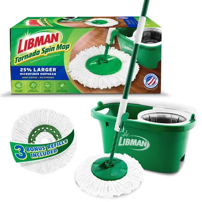 Obrázek produktu pro Libman Tornado, systém na mytí podlah s rotačním mopem, sada s 3 náhradními hlavicemi | Mop a kbelík