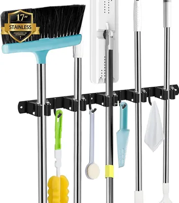 Produktbild von Besenhalterung Wand, 5 Halter + 4 Haken Schwarz Schwerlast Gerätehalter Selbstklebend, Besenhalter mit Nails Installieren, Gartengerätehalter aus Edelstahl, Wandhalterung Besen