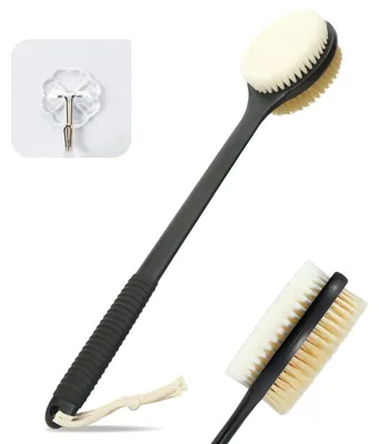 Image de Brosse pour le dos de 42 cm avec long manche antidérapant – Brosse de douche double face pour une utilisation sur peau sèche ou humide, poils naturels, brosse exfoliante anti-cellulite (noire, 1 pièce)