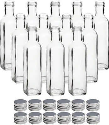 Productafbeelding van Set van 10 glazen flessen 250 ml, vierkant, schroefdop (zilver) - lege flessen om te vullen voor likeur, siroop, olie en azijn - vaatwasmachinebestendig (MFET250S)