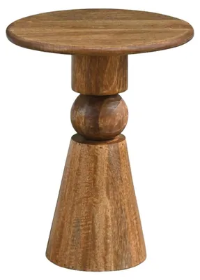 Gesamtansicht des Beistelltischs Mango Massivholz 35 cm mit runder Tischplatte und geschwungener Säulenbasis aus Holz.