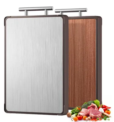 Image de Planche à découper en acier inoxydable, planche à découper en bois, planche à découper 2-en-1, planche à découper double face avec poignée antidérapante pour la viande, les légumes et les fruits, 38,5 x 29 cm