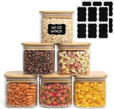 Produktbild von PolkaHome® Glasvorratsgläser, 500 ml, 6er-Set, transparente Aufbewahrungsbehälter mit luftdichtem Bambusdeckel, geeignet für Gewürze, Tee