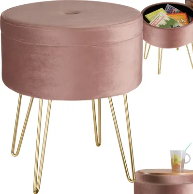 A pink velvet storage ottoman with gold hairpin legs is shown from the front.