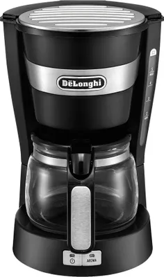 A black DeLonghi coffee maker with a glass carafe is shown against a white background.