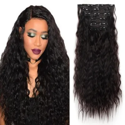 Obrázek produktu pro Clip-in prodlužovací vlasy, 50 cm, vlnité, tmavě hnědé, syntetické, 6 pramenů