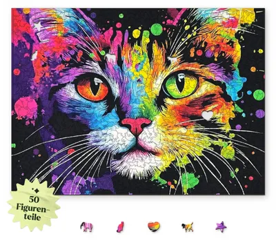 Produktbild von Holzpuzzle Katze 1000 Teile, leuchtendes Motiv mit Explosionseffekt und 50 Spezialteilen