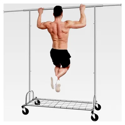 Produktbild von Schwerlast Kleiderständer 2-in-1 mit Rollen und Regalen, Tragkraft 217 KG, Verstellbarer Metall-Garderobenständer