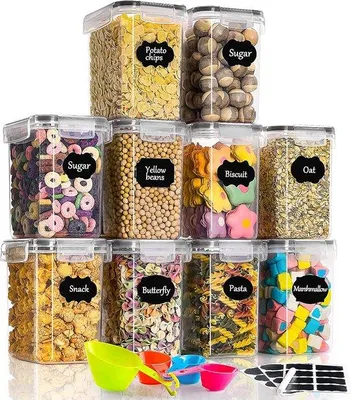 Produktbild von 10er Plastic-Voorraaddoos mit Deckel, Luftdicht, Schwarz, für die Küche, für Pasta, Muesli, Reis, Mehl und Haustierfutter