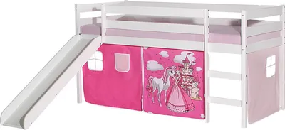 Produktbild von Hochbett mit Rutsche BENNY Kinderbett Spielbett Holzbett mit Vorhang mit Motiv Prinzessin rosa, Kiefer massiv weiß lackiert, 90 x 200 cm