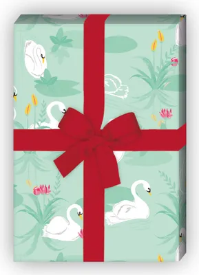 Produktbild von Romantisches Schwan Geschenkpapier mit Schwänen auf See, grün - G11593, 32 x 48cm
