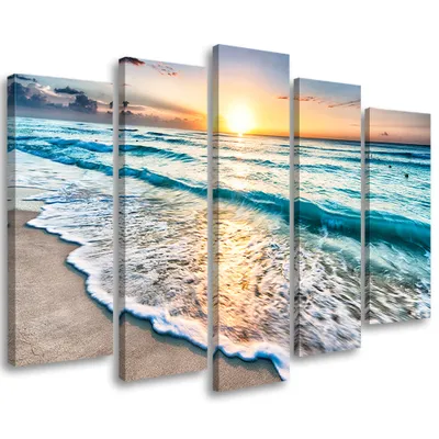 Produktbild von 5-teiliges leinwandbild meer strand wasser 150x100 cm Feeby blau wandbild bereit zum aufhängen