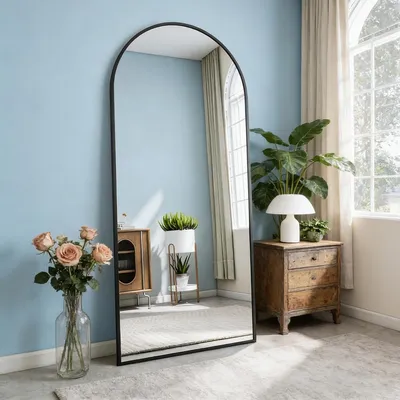 Image de Miroir mural avec cadre en aluminium incurvé, noir, dimensions 65 x 57 cm