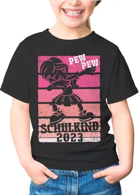 Produktbild von Kinder T-Shirt Mädchen Einschulung Schulkind 2023 Regenbogen Aufdruck Geschenk Schulanfang Moonworks® schwarz 122-128 (7-8 Jahre)
