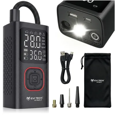 Produktbild von EVI TECH AirSync X Elektrischer Kompressor 11 Bar Akku Luftpumpe Auto Fahrrad Motorrad USB-C Powerbank LED-Taschenlampe 4000mAh Tragbar Schwarz