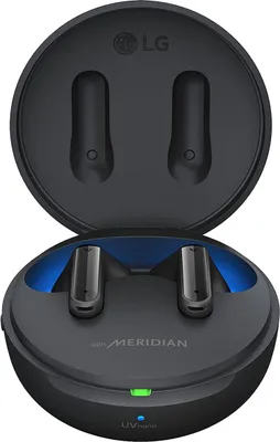 An open charging case for LG TONE Free DFP9 wireless earbuds, showing the earbuds inside.