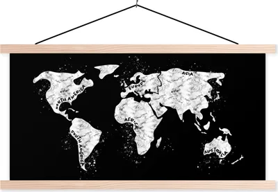 Produktbild von MuchoWow® Textilposter Karte - Marmor - Schwarz - Weiß 120x60 cm mit holzfarbenen Rahmen - Klemmleiste