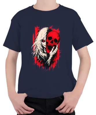 Produktbild von Horror Anime Girl Roter Totenkopf Skull Gothic Grunge Japan Manga Kinder T-Shirt, Navy, 104