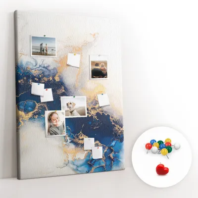 Obrázek produktu pro Korková nástěnka s kolíčky - Tabule s kolíky pro fotografie a poznámky - 100x140 cm - Připínáčky barevné 100 kusů - Mramorová abscise