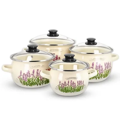 A set of four cream-colored enamel pots with a lavender floral design and clear glass lids, arranged on a white background.