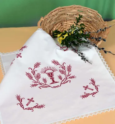 Produktbild von Serviette für den Osterkorb "Crucis 03", 55x55 cm – Aida-Stoff mit Spitze