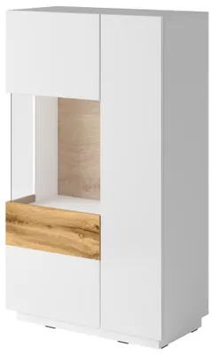 Zdjęcie produktu dla Witryna niska SILKE 2D 80cm biały połysk/dąb wotan lewa