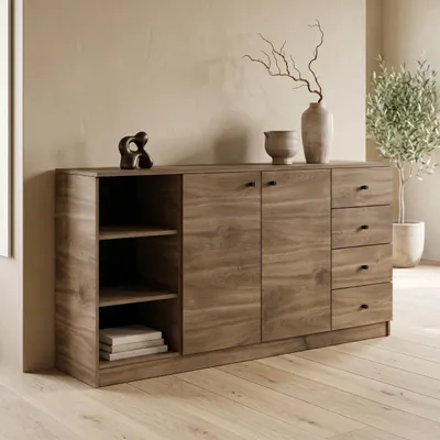 Produktbild von Masseno Kommode NESTOS 160 cm Sideboard mit 4 Schubladen und 2 Türen für Wohnzimmer Schlafzimmer Modern 160x40x87 cm Braun