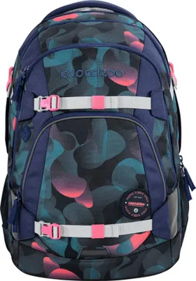 A front view of a camouflage patterned backpack.