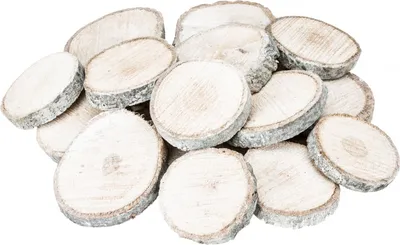 Produktbild von Holzscheiben rund, gefärbt in Weiß, verpackt im Netz mit 1 kg, Größe ca. 6-8cm
