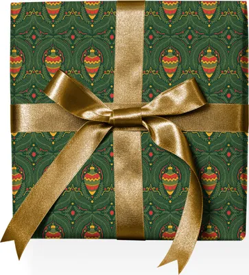 Produktbild von Traditionelles Weihnachts Tannen Geschenkpapier mit Zapfen-Kugeln in grün, rot - G22106, 32 x 48cm