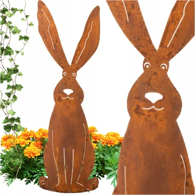 Produktbild von Gartenfigur Osterhase Set 55 cm + 75 cm - 2er Set aus Corten Stahl mit Rostoptik - 3D Osterdekoration mit Standfuß - Metall Gartendeko für Außenbereich Terrasse und Vorgarten