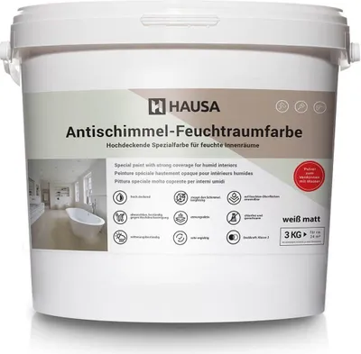 Produktbild von HAUSA Anti Schimmel Farbe Weiß 3kg für ca. 24 m2 Antischimmel Feuchtraumfarbe hochdeckende Spezialfarbe für feuchte Innen räume, chlorfrei
