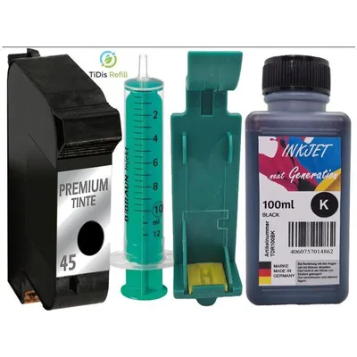 Produktbild von HP45 Nachfüllpack - HP45 Recyclingpatrone + Nachfüllclip + 100ml TiDis Druckertinte