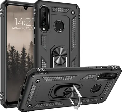A black rugged phone case with a ring stand, shown from multiple angles.