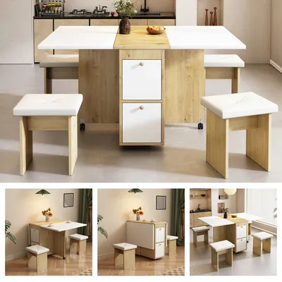 A collage of images showing a folding dining table with stools in different configurations and settings.