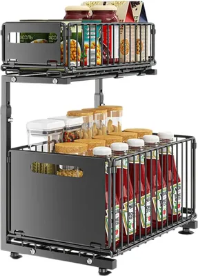 A two-tier kitchen organizer shelf with various food items and bottles.