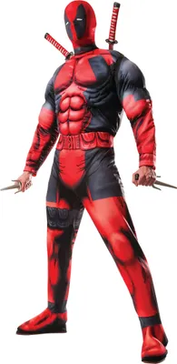 A person wearing a Deadpool costume, holding knives and swords.