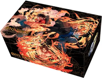 A product box for a One Piece card game, featuring characters and fire.