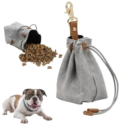 Produktbild von Leckerlibeutel für Hunde, Canvas Hunde Leckerlitasche mit Clip und Kordelzug, Grau