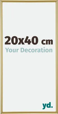 A blank white surface within a golden frame, with text indicating size and a logo.
