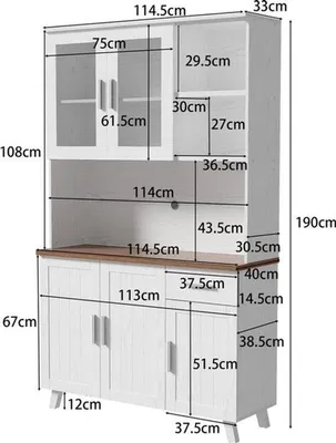 Obrázek produktu pro Kuchyňská skříň – bílá – 114 x 40 x 190 cm – z dřevotřísky – s velkým úložným prostorem a skleněnými dvířky
