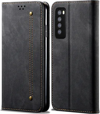 Produktbild von Huawei Nova 7 Hülle, LaimTop Denim Leder Brieftasche Magnetverschluss Flip Bookstyle Schutzhülle mit Standfunktion für Huawei Nova 7 Huawei Nova 7 Schwarz