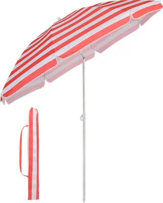 A red and white striped beach umbrella and its carrying case are shown against a white background.