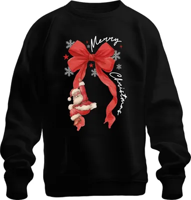Produktbild von Merry Christmas Weihnachtsmann rote Schleife Schneeflocken Uni Sweatshirt Pullover, Schwarz, S
